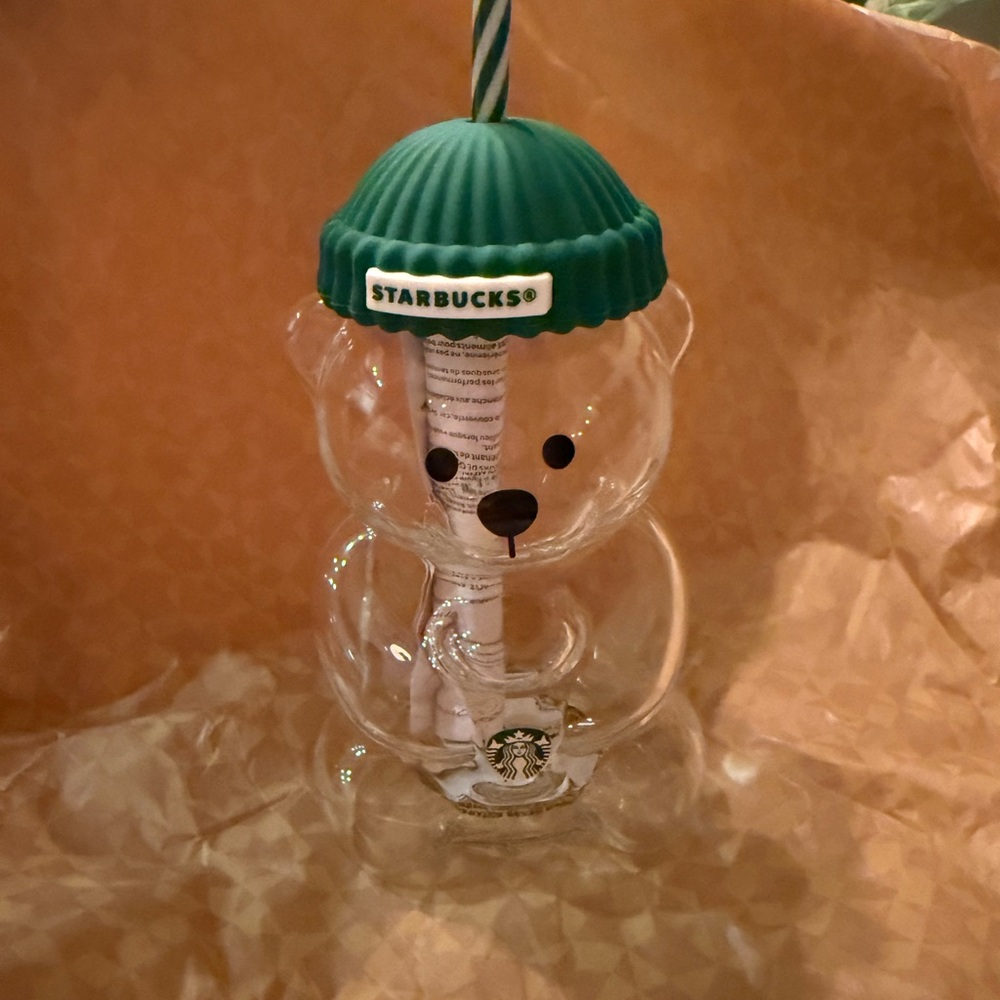 Starbucks Glass Bear Cup with Green Lid and Striped Straw, Bearista